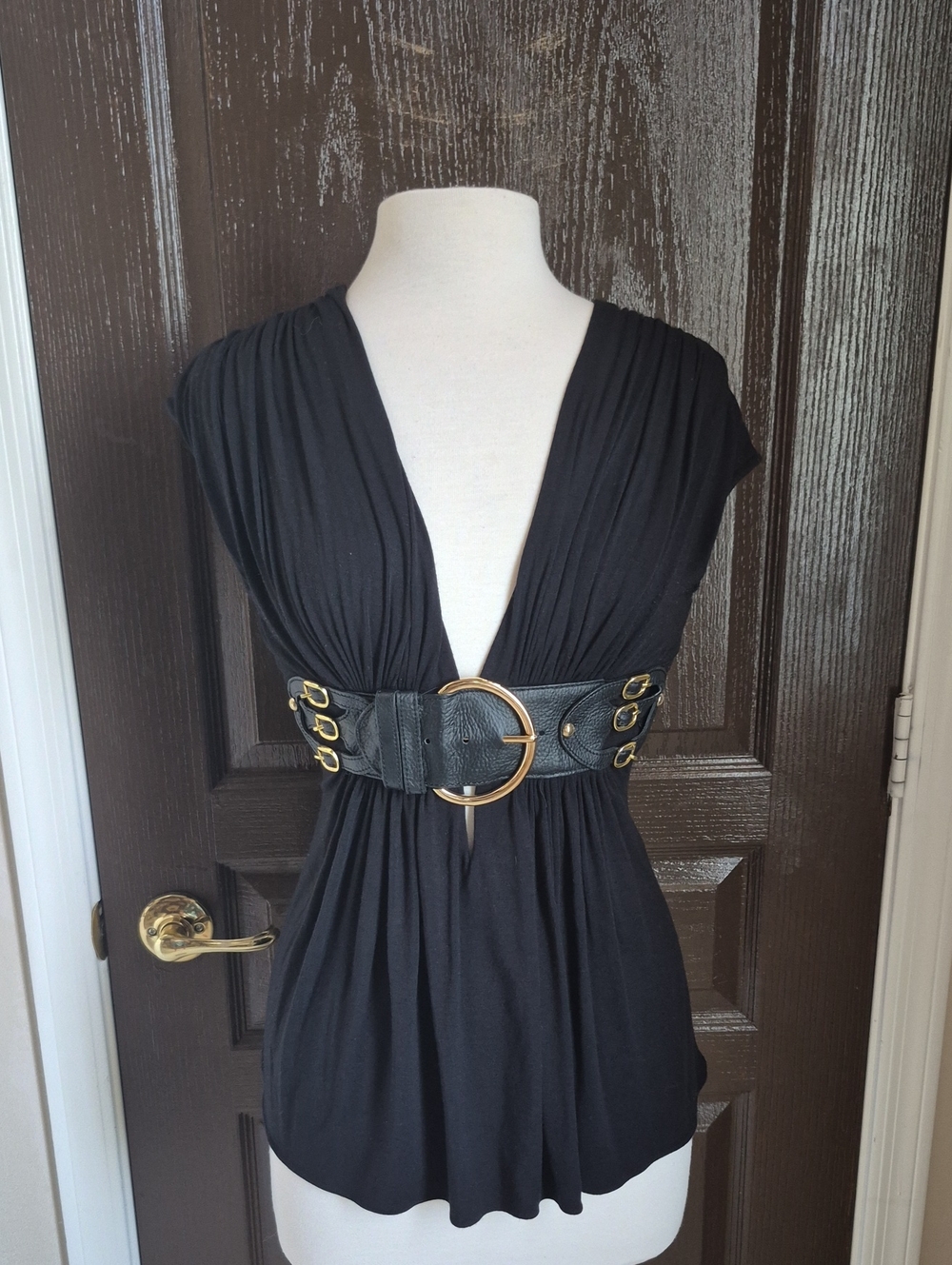 Sky Black V-Neck Blouse with Gold Ring Corset Detail Nwot